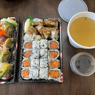 Rainbow Roll (left), Shrimp Tempura Roll (right top), Spicy Salmon Roll, Spicy Tuna Roll