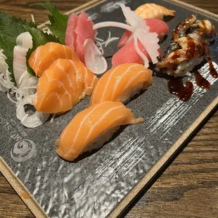 Salmon, Tuna, Eel sushi and sashimi