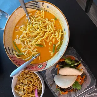 Curry Kick Soup Noodles, Chicken Lo Mein and Bao Bao