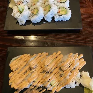 california roll (top), spicy crab roll (bottom)