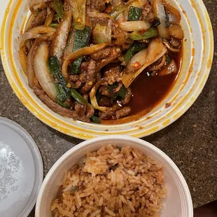 Mongolian beef with fried rice.