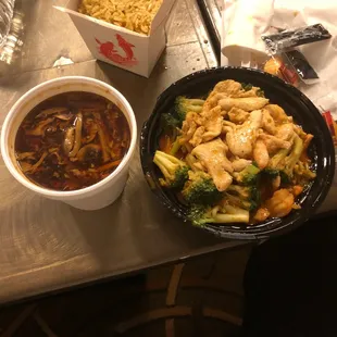 Thai shrimp and chicken. Fried rice. Hot and sour soup.