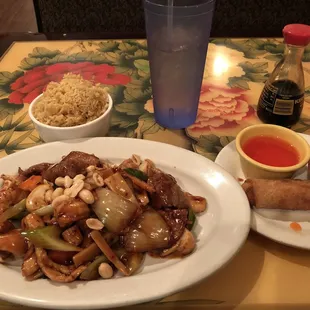 Kung Pao triple delight with fried rice and egg roll