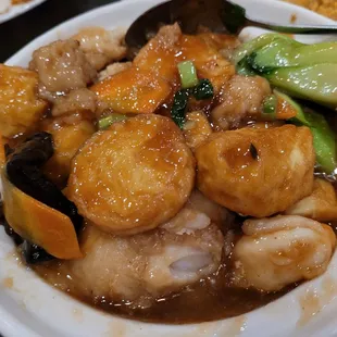 Seafood and egg tofu pot.  Fish fillet, squid, and shrimp