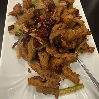 Fried Pork Intestine w. Red Chili Peppers /