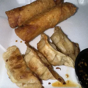 Fried pot stickers and egg rolls