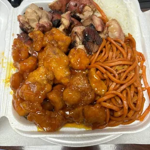 Orange Chicken noodle Steam White Rice Bourbon Chicken