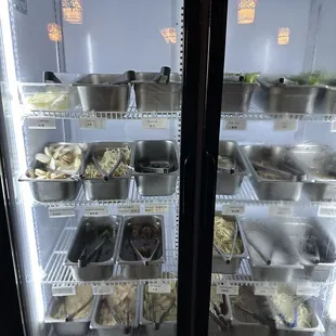 a display case of food