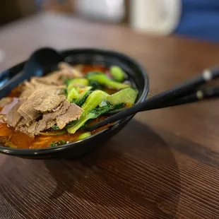 Beef Noodle, thin noodle, spice level 3 out of 5