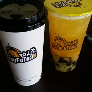 Hot Golden Oolong Milk Tea  (left) Mango Green Tea with Boba (right)