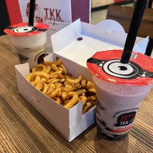 Yep boba teas and curly fries!
