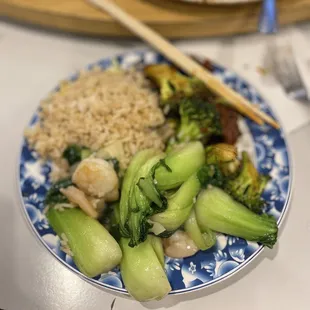 Garlic shrimp Bak Choi, fried rice and some beef and broccoli