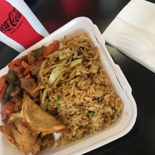 Half fried rice half chow mein fire chicken and dumplings