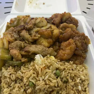 Flaming chicken, sesame chicken and fried rice + a drink almost $15 !!