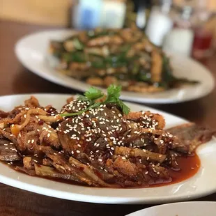 two plates of food on a table