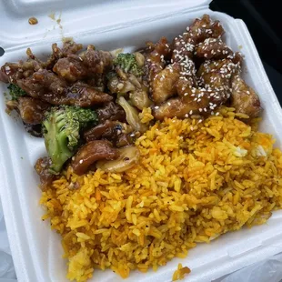 Lunch special: General Tso's and sesame chicken and fried rice