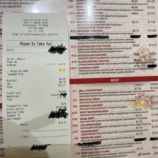 menu and prices