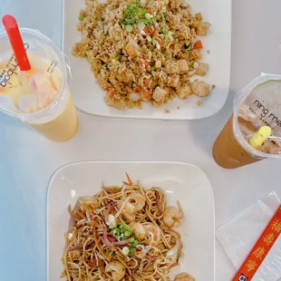 14 with shrimp, 15 with chicken, mango milk tea, and Thai milk tea.