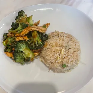 Chicken and broccoli with egg fried rice