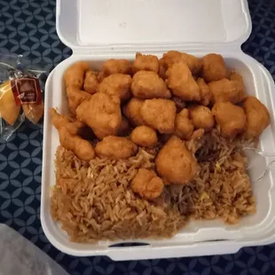 Sweet &amp; sour chicken with vegetable fried rice, Orange chicken, Jalapeno chicken, Pork egg rolls, Hot chili sauce, Yum Yum sauce