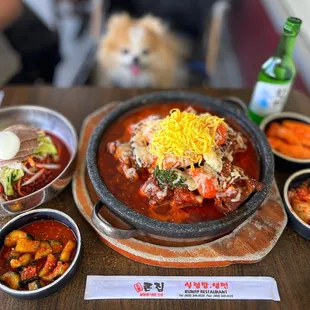 #6 Bibim Naengmyeon: Spicy cold noodles w/ beef, egg ($20) &amp; #13 Cheese Maeum Galbijjim: Spicy Beef Short Ribs w/ cheese, rice cakes ($82)