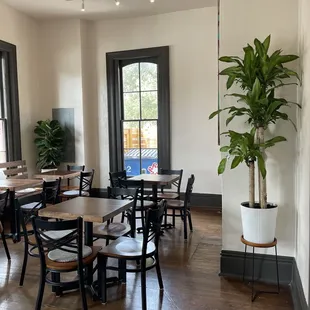tables and chairs in a restaurant