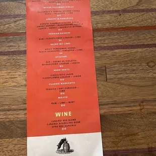 Cocktail and wine menu