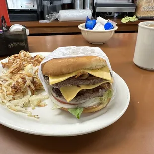 One of the best burgers I've ever had - double bacon cheeseburger, crispy bacon and subbed fries for hash browns