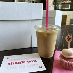 Caramel Iced Latte with Oatmilk and a Strawberry Cupcake