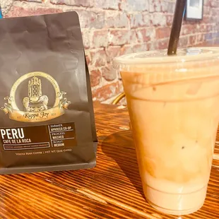 Whole bean Peru and an almond milk latte
