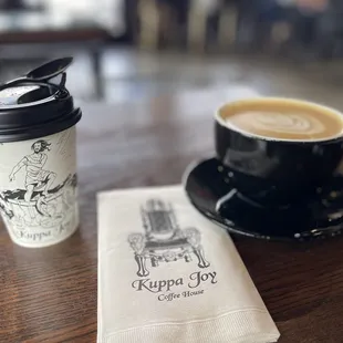 Vanilla latte and a cup of hot oatmeal.