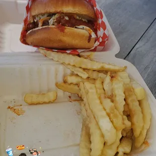 Korean fried chicken sandwich with fries