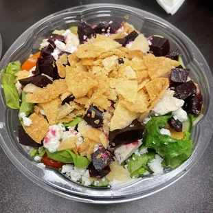 Chicken, beet and goat cheese salad!  Yummy!
