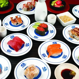 a variety of sushi dishes