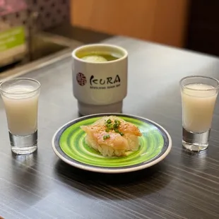 Sake, hot green tea, and hamachi tataki with ponzu oil