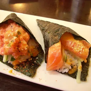 Spicy tuna hand roll (left) &amp; spicy salmon hand roll (right)