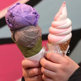 2 Scoops of Black Sesame and Purple Yam + Matcha Konery Cone ($11.20); Kurimu Swirl Cone ($6.75) w Rose Royale x White Chocolate Soft Serve