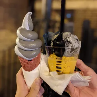 Kurimu swirl (charcoal horchata &amp; taro) plus purple yam oreo &amp; Thai iced tea ice cream