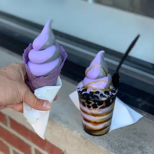 Messy boba and a swirl in a lavender cone