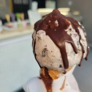 Oreo cream cone with chocolate shell