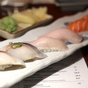 Saba Nigiri ($6.50), Hamachi Toro Nigiri ($8.50), Scottish Salmon Nigiri ($7.25)