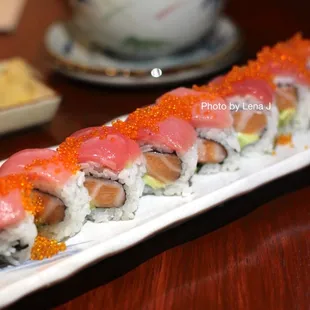 Kuriya Roll ($18) - salmon toro, hamachi, and avocado. Topped with bluefin tuna toro, tobiko.