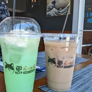 Melon soda float and Japanese milk tea