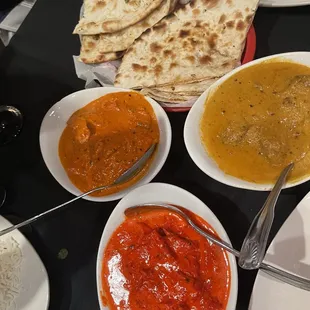 Chicken Tikka Masala (orange) lamb korma (yellow) butter chicken (red)