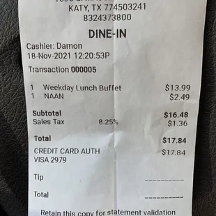 Receipt for buffet and charge for 1 piece of naan.