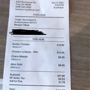 the receipt for the restaurant