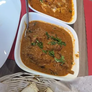 Top: chicken tikka masala Bottom: goat curry