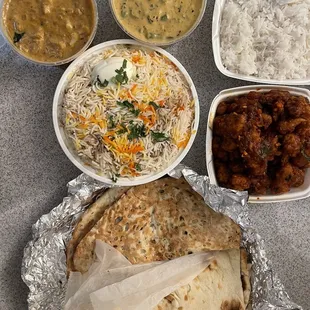 a variety of food items on a table