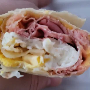 Ham, egg, and American cheese breakfast burrito