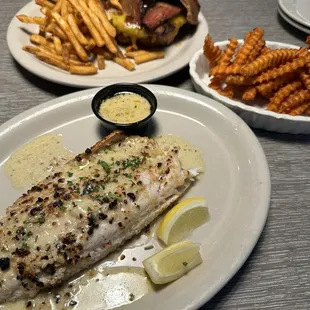 Almond crusted Walleye Sweet potato fries  BBQ Brisket Burger